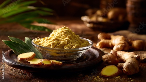 A bowl of turmeric powder with ginger roots and leaves on a wooden table