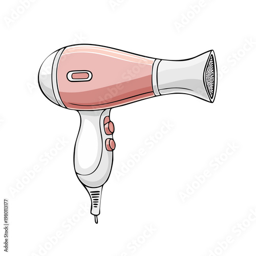 Handheld pink and white hairdryer with cord and controls isolated on a white background