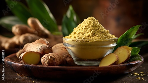 A glass bowl of ginger powder surrounded by fresh ginger roots on a wooden plate