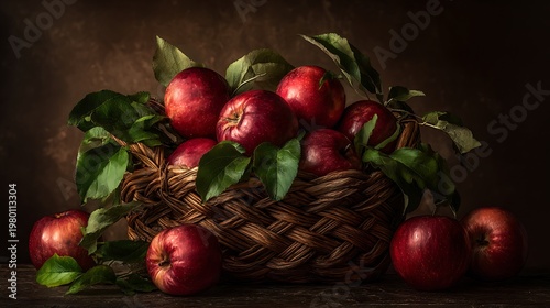 A wicker basket filled with vibrant red apples and green leaves on a dark background