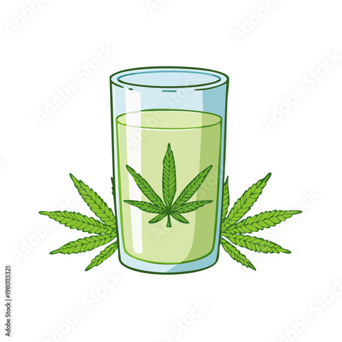 Glass of cannabis infused green beverage with marijuana leaves