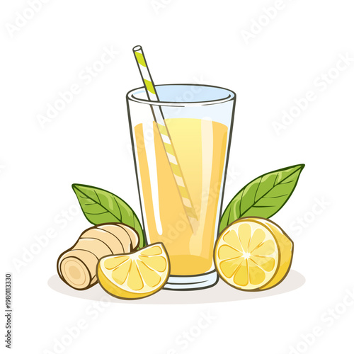 Refreshing ginger lemon drink with fresh ingredients in clear glass illustration