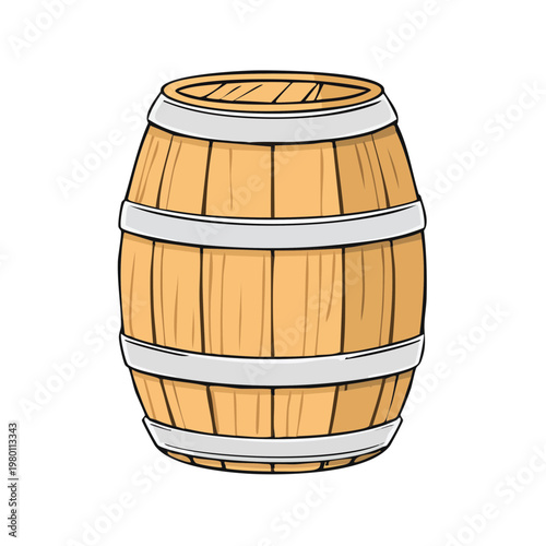 Classic wooden barrel with metal bands, simple illustration for traditional storage and beverage concepts