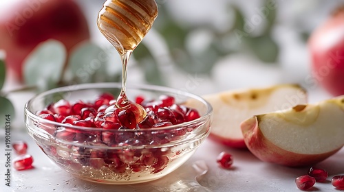 A bowl of pomegranate seeds with honey being poured over them on a table