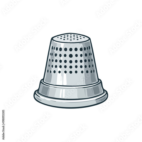 Illustration of a classic metal thimble with textured surface and perforated top