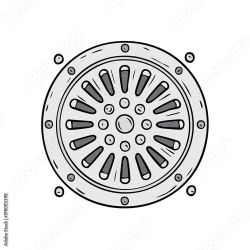 Detailed illustration of a circular metal grate with radiating slots and bolts on a white background