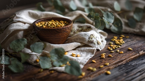 A wooden bowl filled with grains on a cloth with eucalyptus leaves on a wooden table