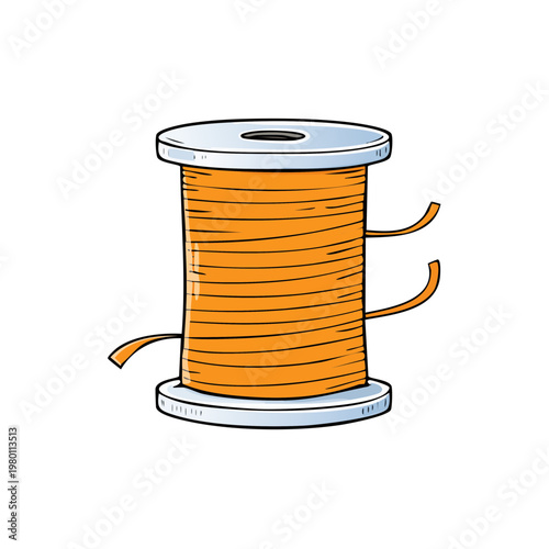 Orange thread spool with loose ends on a white background illustration