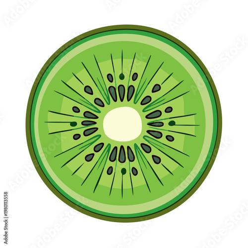Vibrant cross-section of a ripe kiwi fruit showcasing green flesh black seeds and a white core