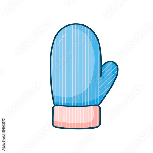 Illustration of a single blue mitten with a pink cuff and vertical stripes