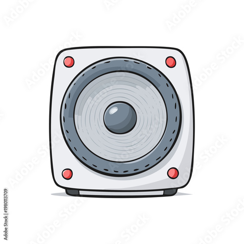 Modern white speaker with gray cone and red accents on a white background