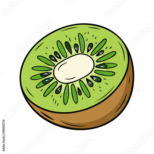 Vibrant illustration of a sliced kiwi fruit revealing its distinctive green flesh and tiny black seeds
