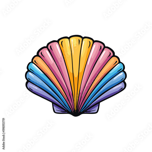 Vibrant cartoon scallop seashell illustration with colorful striped shell and detailed texture