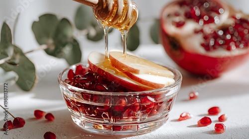 A bowl of pomegranate seeds with sliced apples and drizzled honey on a white table