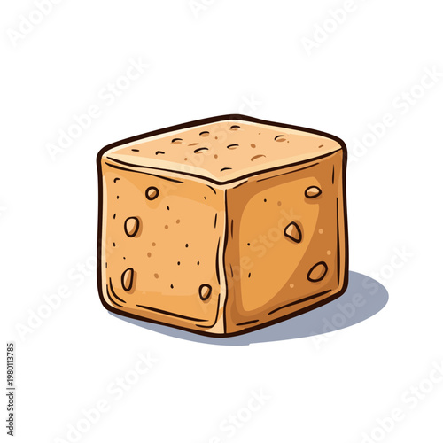 Hand-drawn illustration of a golden-brown cube of bread with embedded nuts, representing a wholesome bakery item.