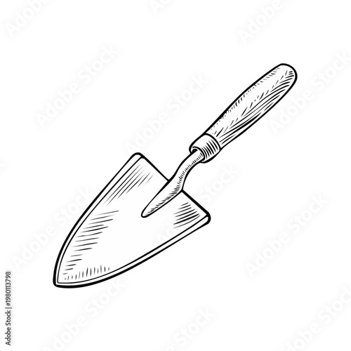 Handheld garden trowel drawing with a wooden handle and metal scoop for digging and planting