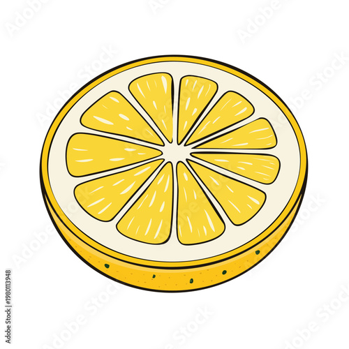 Hand-drawn yellow lemon slice illustration with segmented pulp and rind