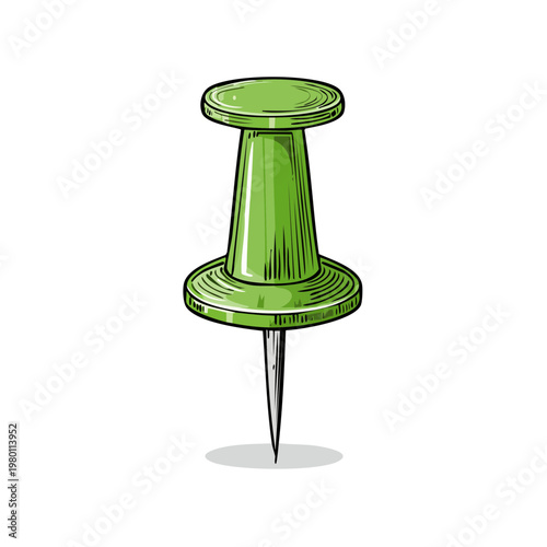 Green push pin drawing with sketch lines and sharp metal point