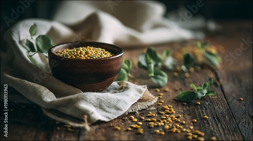 A wooden bowl filled with bee pollen on a rustic table with green leaves