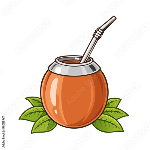 Orange Gourd Mate Cup with Metal Straw and Green Leaves