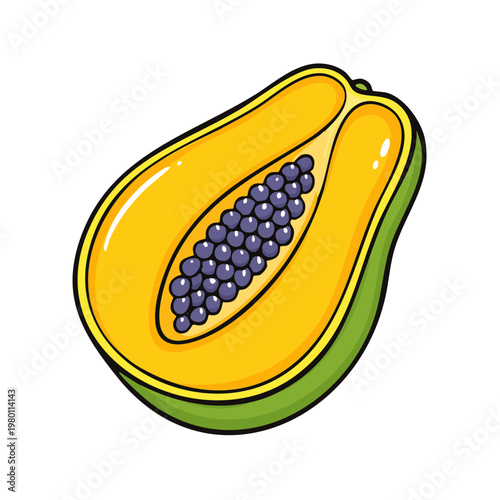 Illustration of a halved ripe papaya fruit showing seeds and vibrant yellow flesh