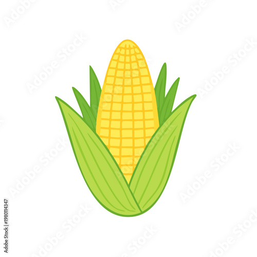 Bright cartoon illustration of a ripe yellow corn cob with green husks and leaves