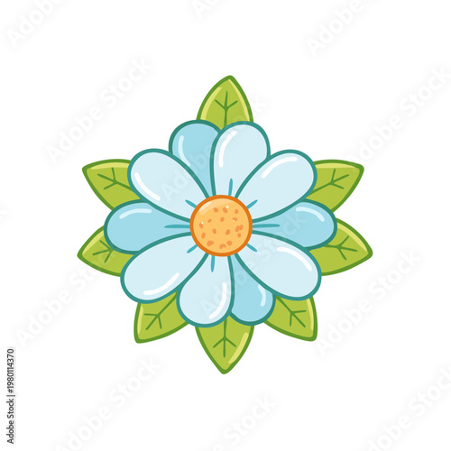 Stylized cartoon blue flower with green leaves and orange center, simple graphic illustration