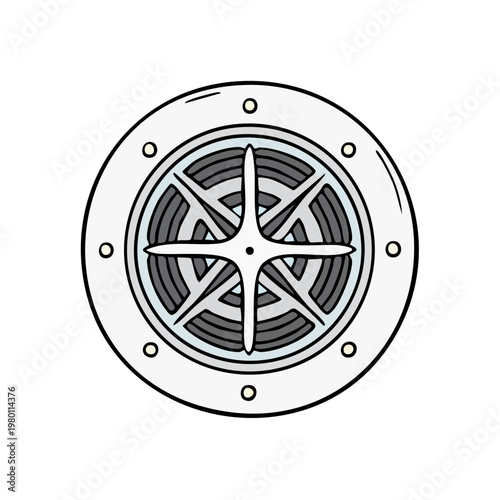Circular air vent with internal spokes and bolts in a top down view illustration