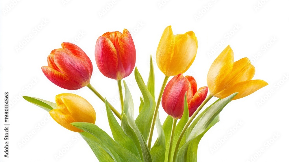 Obraz premium Vibrant tulip bouquet on white background. AI generated