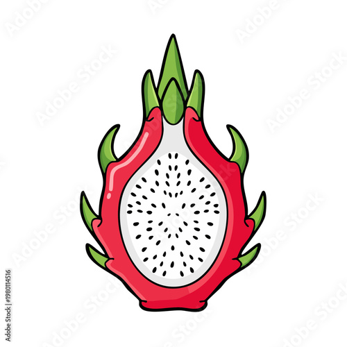 Half of a vibrant pink dragon fruit with white speckled flesh and green scales