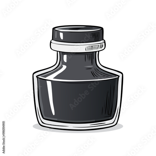 Classic glass inkwell filled with dark black liquid and a white cap on white background