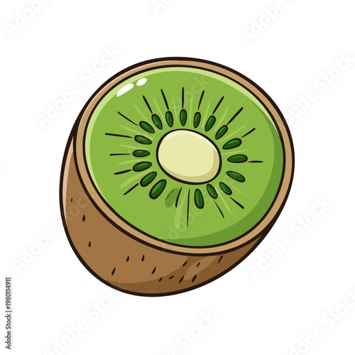 Half cut kiwi fruit illustration, vibrant green flesh and seeds