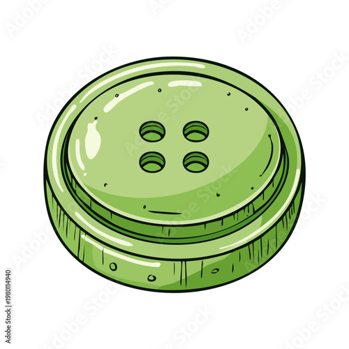 Single Green Four Hole Button with Detailed Sketch Style and Shadow
