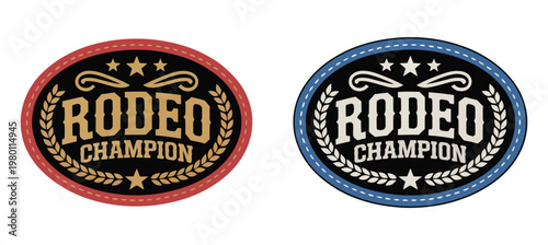 Konstfotografi Rodeo champion cowboy label belt buckle vector design, old west oval emblem with