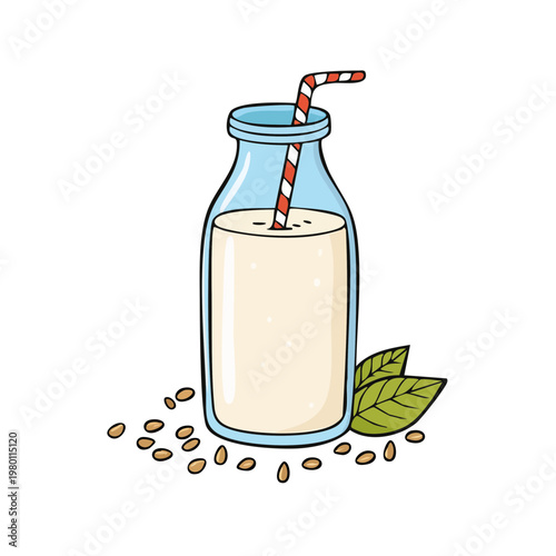 Illustration of a glass bottle filled with creamy soy milk and a straw surrounded by soybeans and leaves