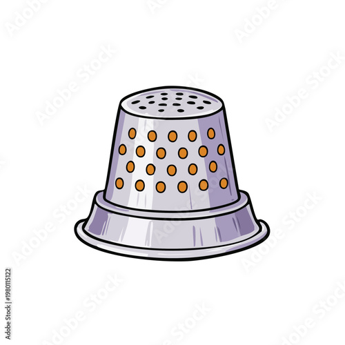 Silver metal thimble with orange dotted pattern for sewing protection