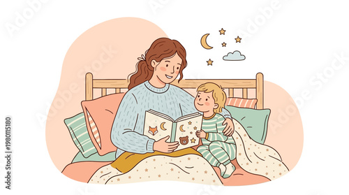 A mother reads a bedtime story to her child on Mother's Day with love.