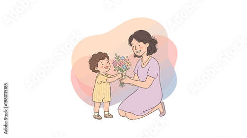 A child presents flowers to their mother on Mother's Day, showing love and appreciation.