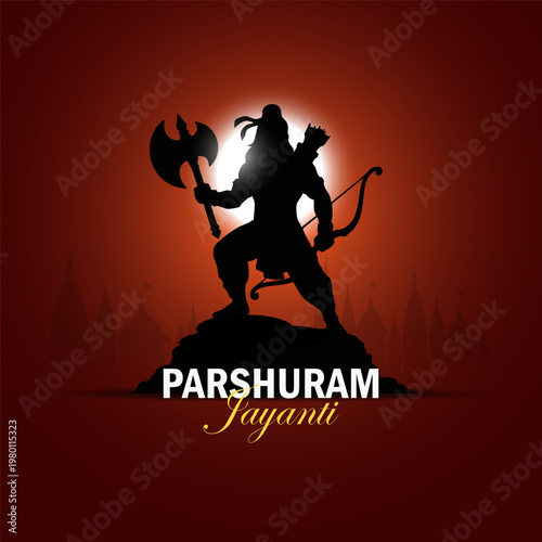 Lord Parshuram Jayanti celebration banner featuring a warrior silhouette with axe and bow against a glowing sun on a deep red background