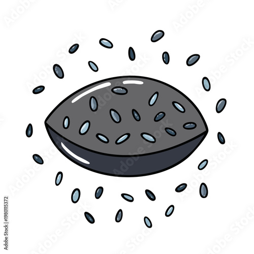 Hand drawn cartoon illustration of a sesame seed bun with seeds in a swirl motion
