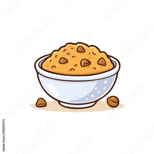 Cartoon bowl of cereal with milk and nuts illustration