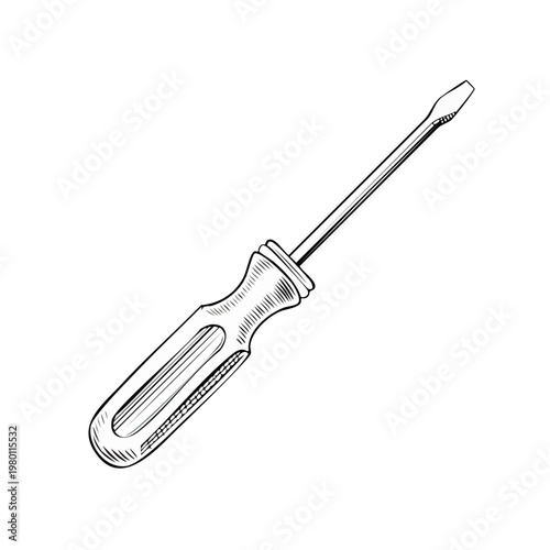 Hand-drawn illustration of a classic flat-head screwdriver with a textured handle