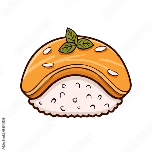Whimsical illustration of a sushi nigiri with orange topping and mint leaf garnish