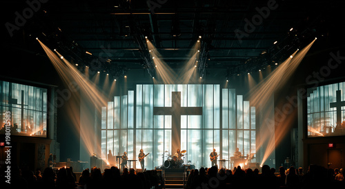 Modern church stage with band and glowing cross, dramatic lighting and wide composition; cinematic worship concept for faith events, concerts, media content, and inspirational religious campaigns