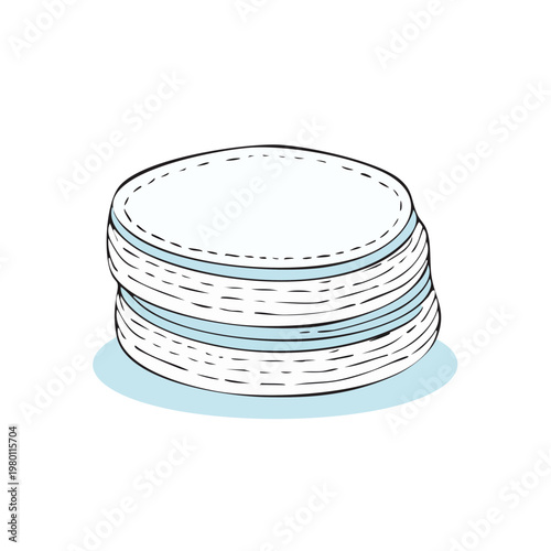 Stack of round cotton pads with blue shading and hand-drawn sketch lines