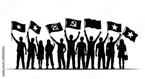 May Day Protest, revolution, crowd, flags, silhouettes, activism, demonstration, vector icons Vector