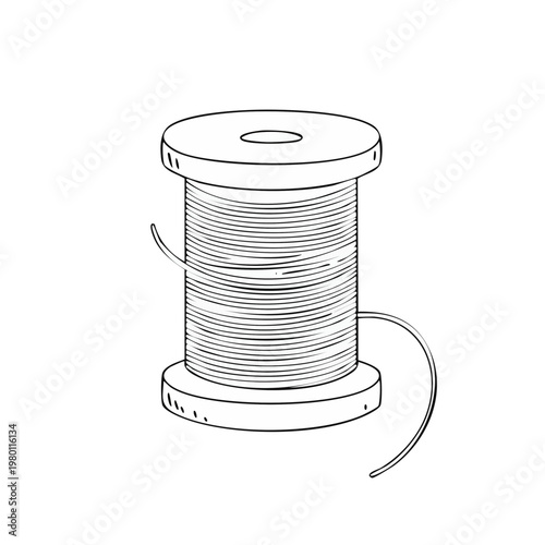 Hand drawn illustration of a thread spool with loose ends of fine string