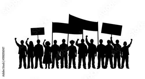 May Day protest, crowd, people, demonstration, activism, black, silhouettes, vector icons Vector
