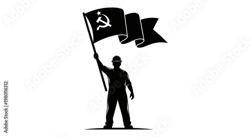 May Day Revolutionary man holding communist flag, socialist symbol, black silhouette, protest icon, activism vector Vector