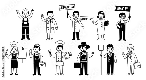 May Day Labor Day, worker icons, occupation illustrations, black and white, 12 characters, vector graphics Vector